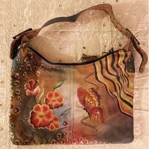 Anuschka Shoulder Bag with Butterfly & Flowers